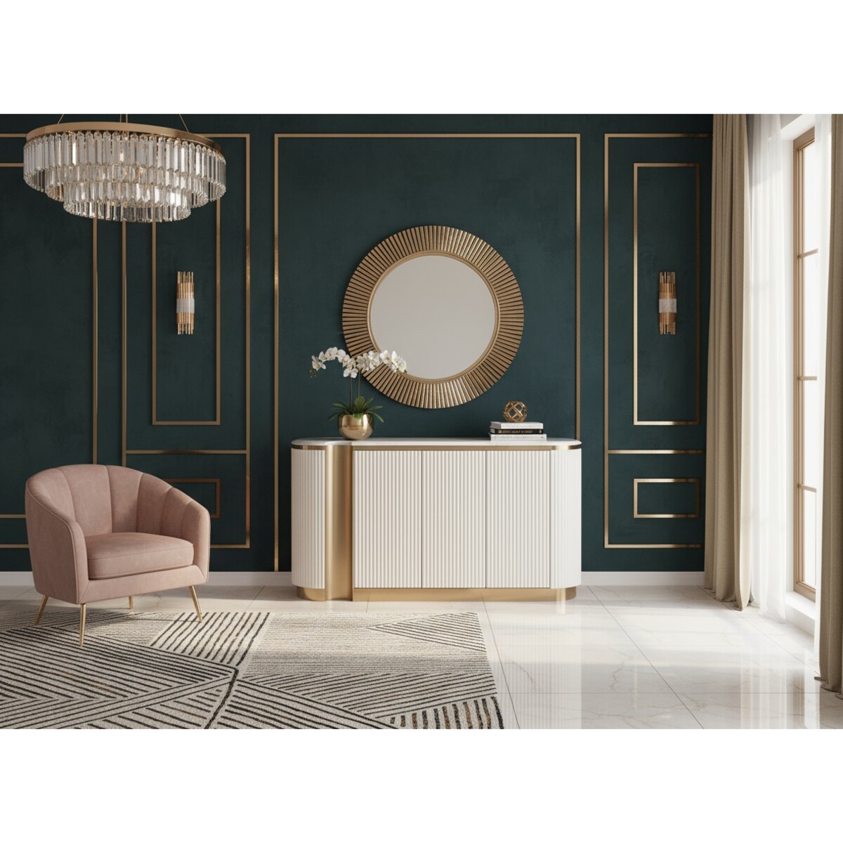 Ryflowana komoda biała złota Nutris Glamour Premium z blatem marmurowym 158x40x88