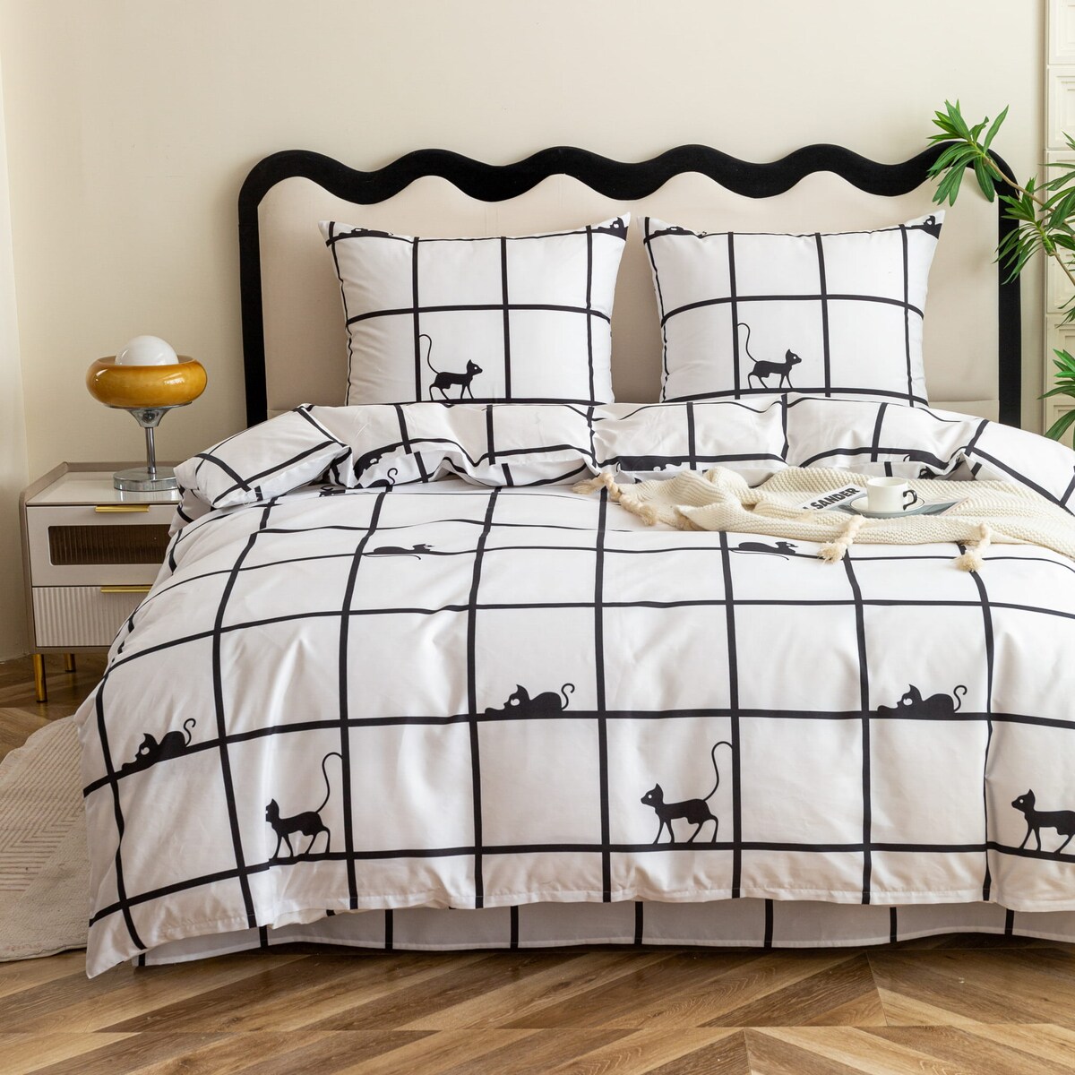 Komplet Pościeli Dwuosobowej Krata Z Kotami 220X200 Z 2 Poszewkami 70X80