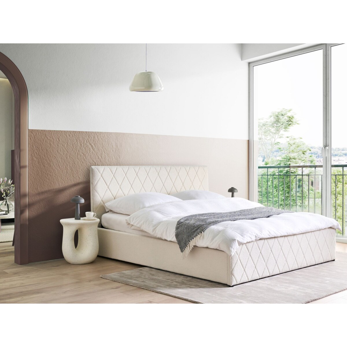 Łóżko z pojemnikiem Boucle ROCHEFORT 180 x 200 cm Złamana biel