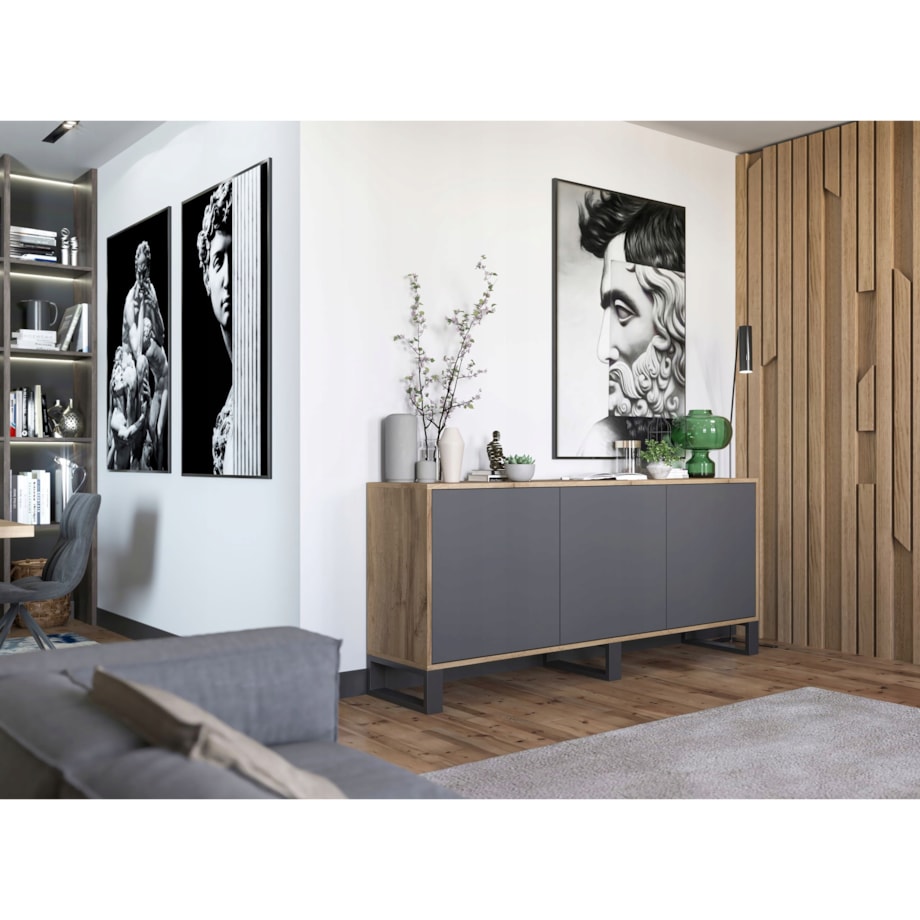 Komoda Loft Szafka RTV Industrialna Dąb Wotan Grafit MAT 168 cm