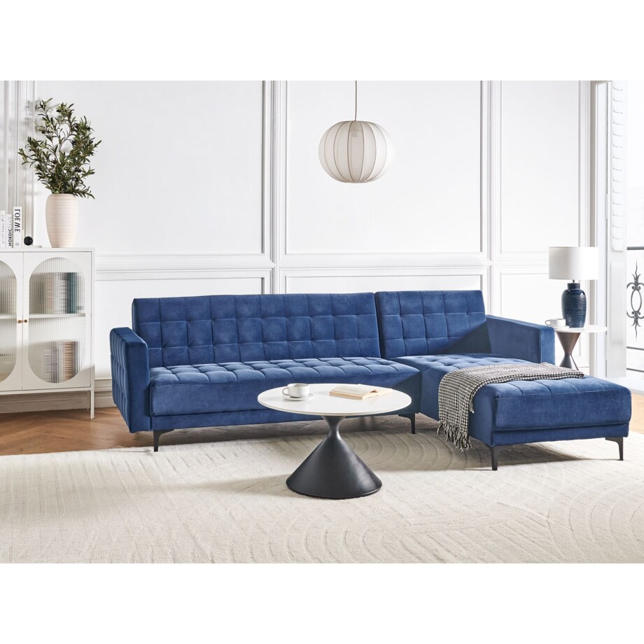 Sofa lewostronna rozkładana welurowa niebieska ABERDEEN