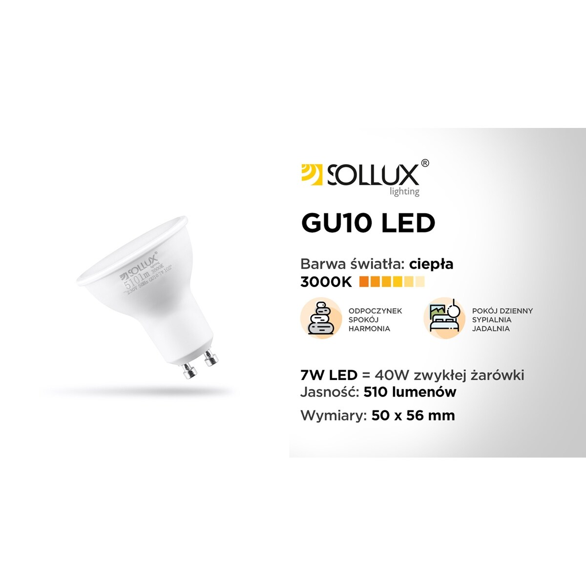 Żarówka LED GU-10 SL.0972 3000K biała ciepła MR50 7W 510lm, Sollux