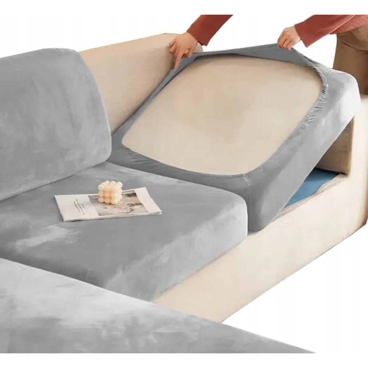 POKROWIEC NA SIEDZISKO KANAPY NAROŻNEJ 90-110 JASNY SZARY WELUR ELASTYCZNY [58W-JSZ]