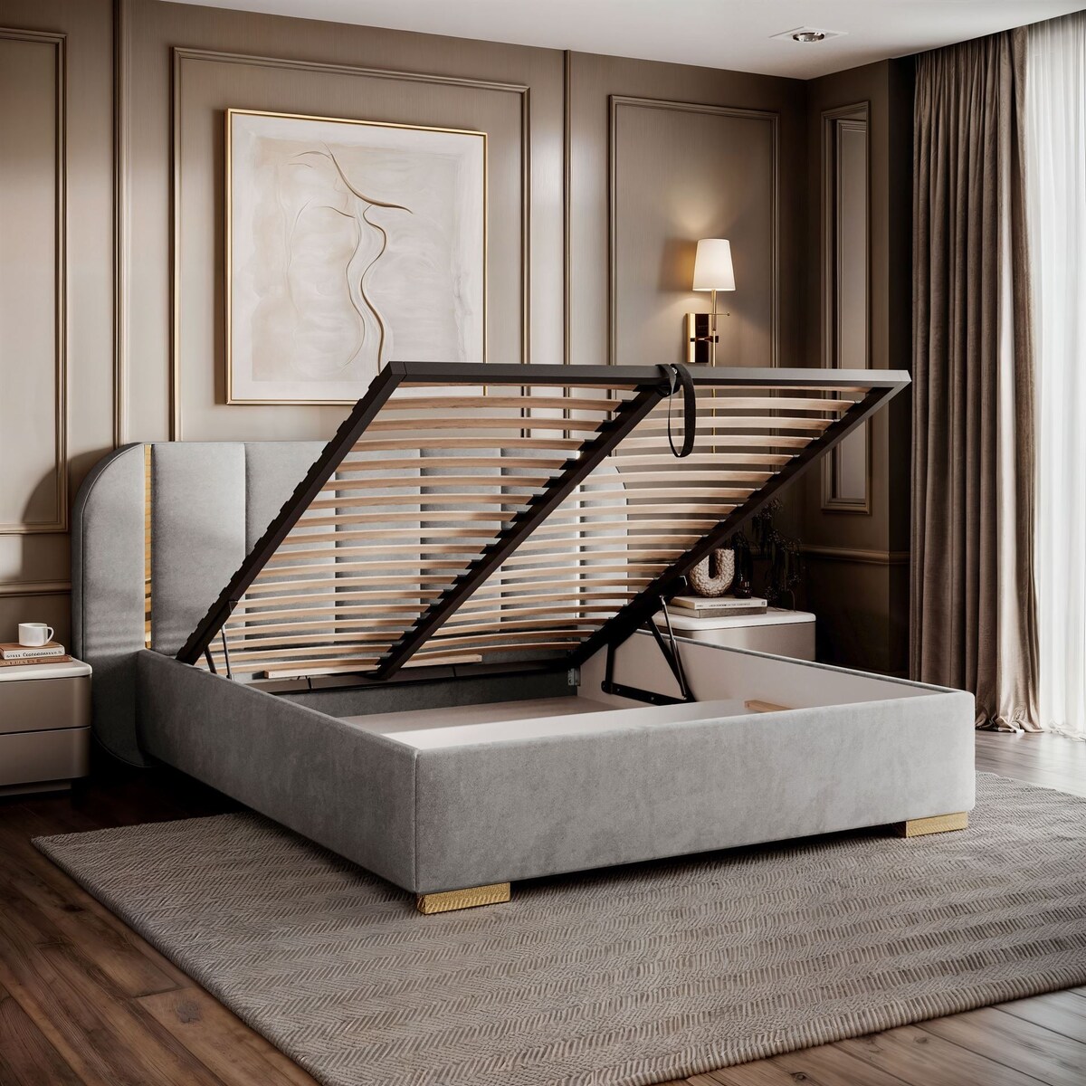 Łóżko tapicerowane AMARA GOLD, pojemnik, stelaż 32, 140x200, Royal Velvet 87251