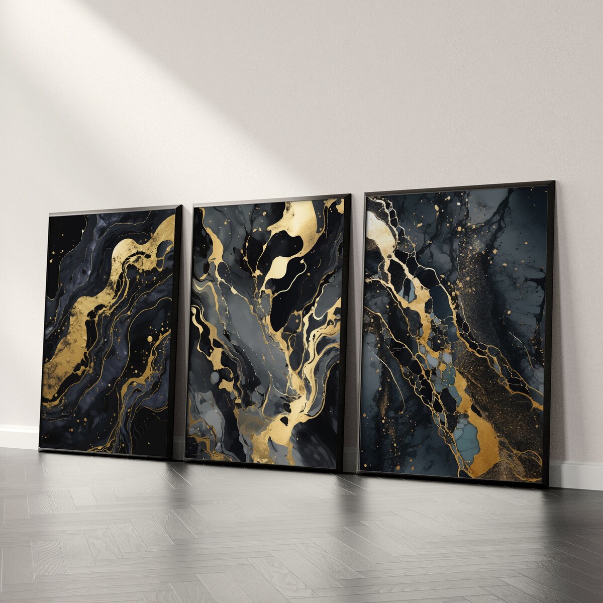 ZESTAW 3X PLAKAT W RAMIE ABSTRAKCJA CZARNY MARMUR GLAMOUR DO SYPIALNI 60x80cm
