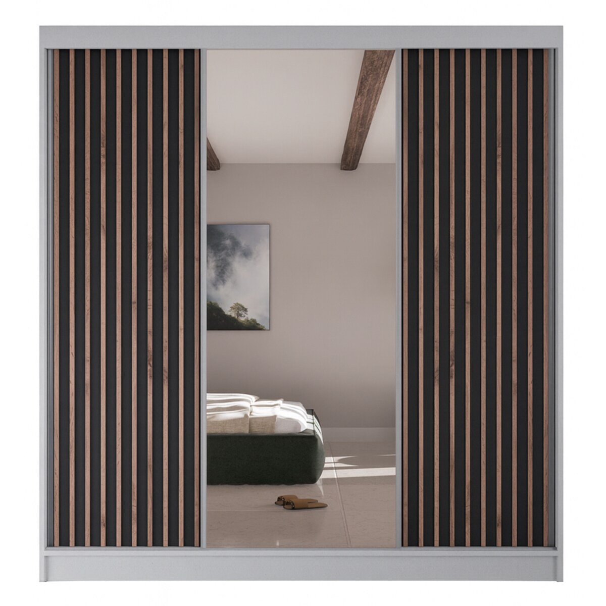 Szafa przesuwna lamele z lustrem i szufladami V200 -biała+czarny front