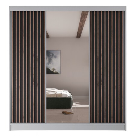 Szafa przesuwna lamele z lustrem i szufladami V200 -biała+czarny front