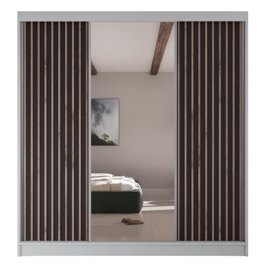 Szafa przesuwna lamele z lustrem i szufladami V200 -biała+czarny front