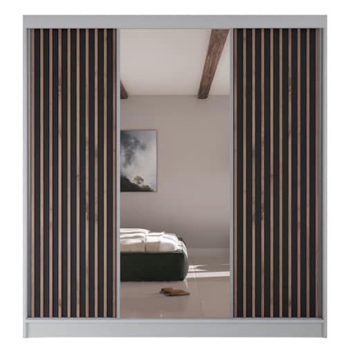 Szafa przesuwna lamele z lustrem i szufladami V200 -biała+czarny front