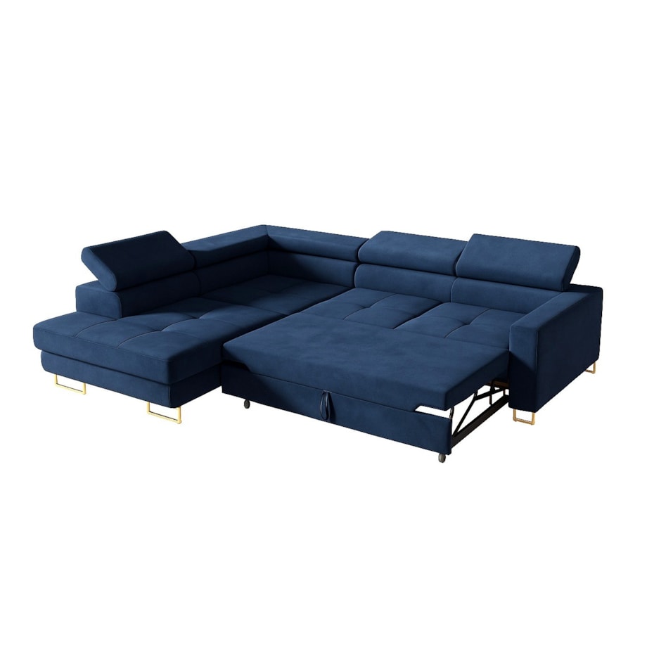 Narożnik rozkładany MERY z regulowanymi zagłówkami na złotych nóżkach lewy