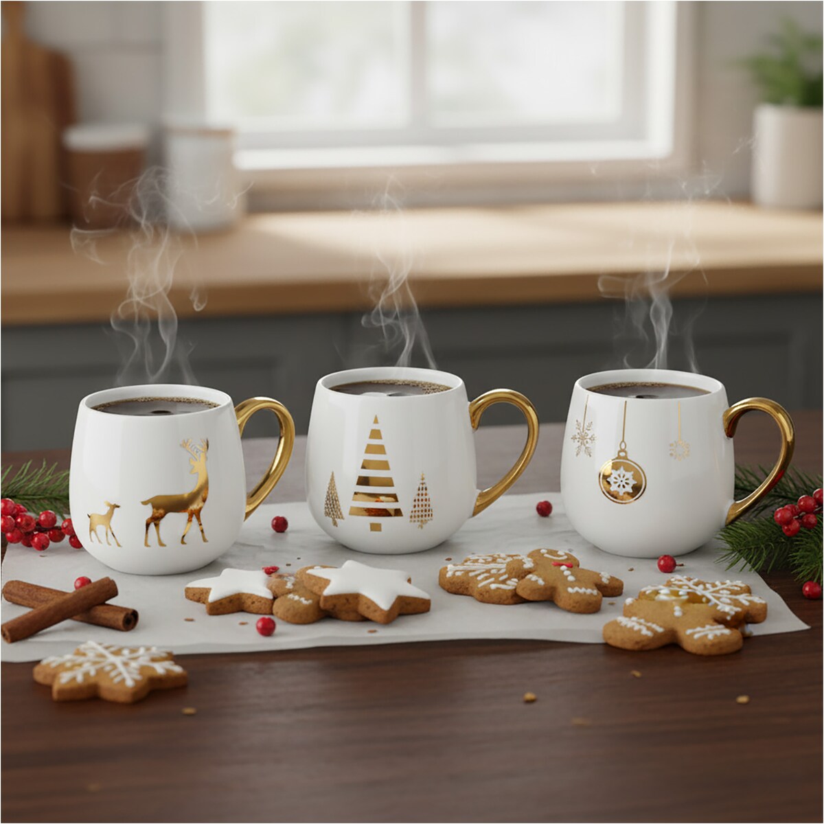 Kubek Z Uchem Świąteczny Porcelanowy Biało-Złoty 375 Ml Choinka