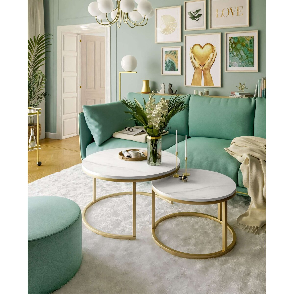 Okrągły stolik kawowy CIRI 2w1 złoty mat marmur levanto 80/60 cm