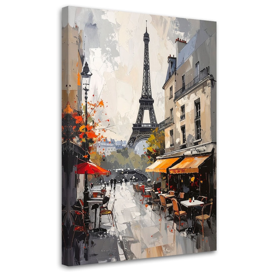Obraz do salonu restauracji jadalni biura hotelu,Paryskie kawiarenki z widokiem na wieżę Eiffla 60x90 cm