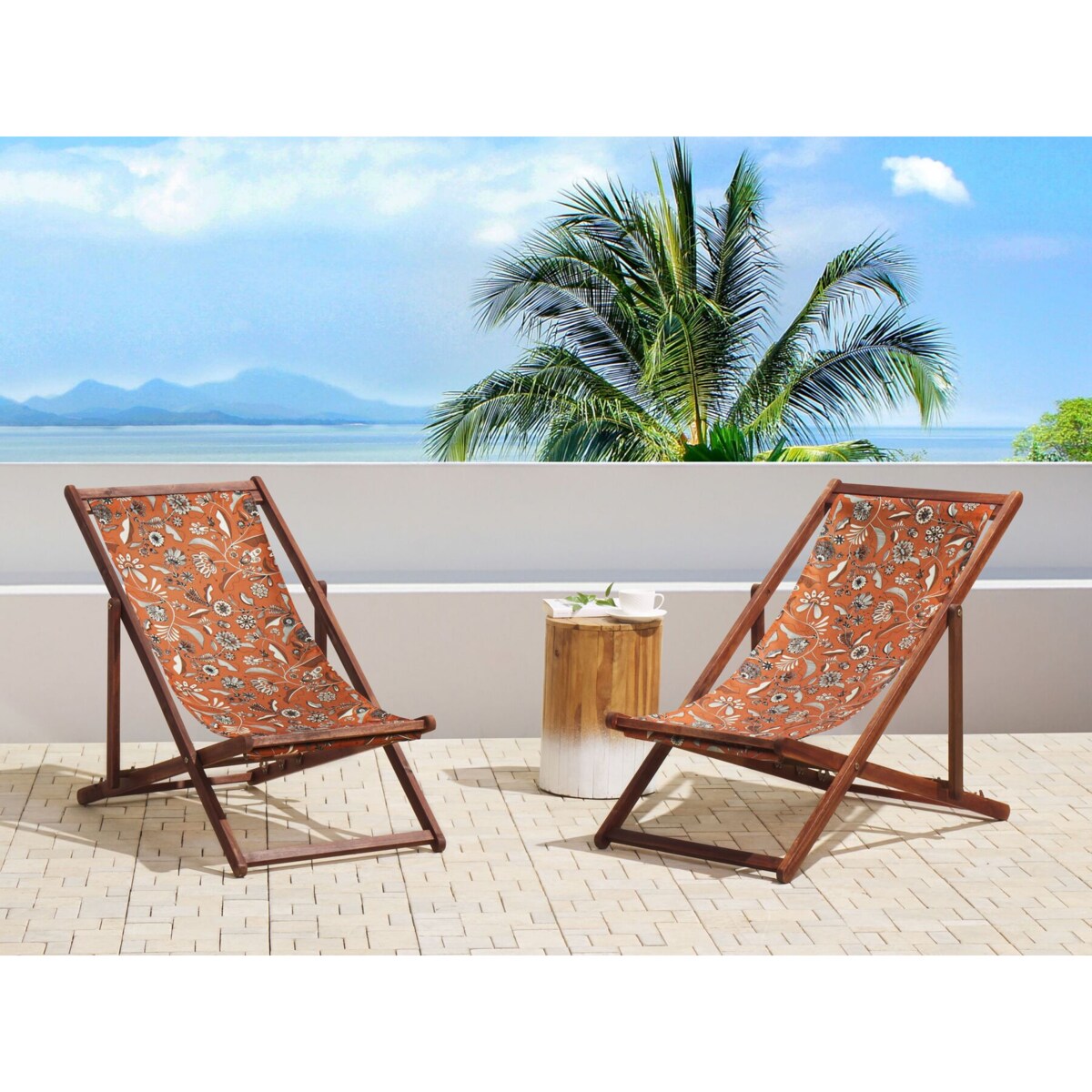 Zestaw 2 leżaków ogrodowych ciemne drewno akacjowe wzór w kwiaty czerwony ANZIO