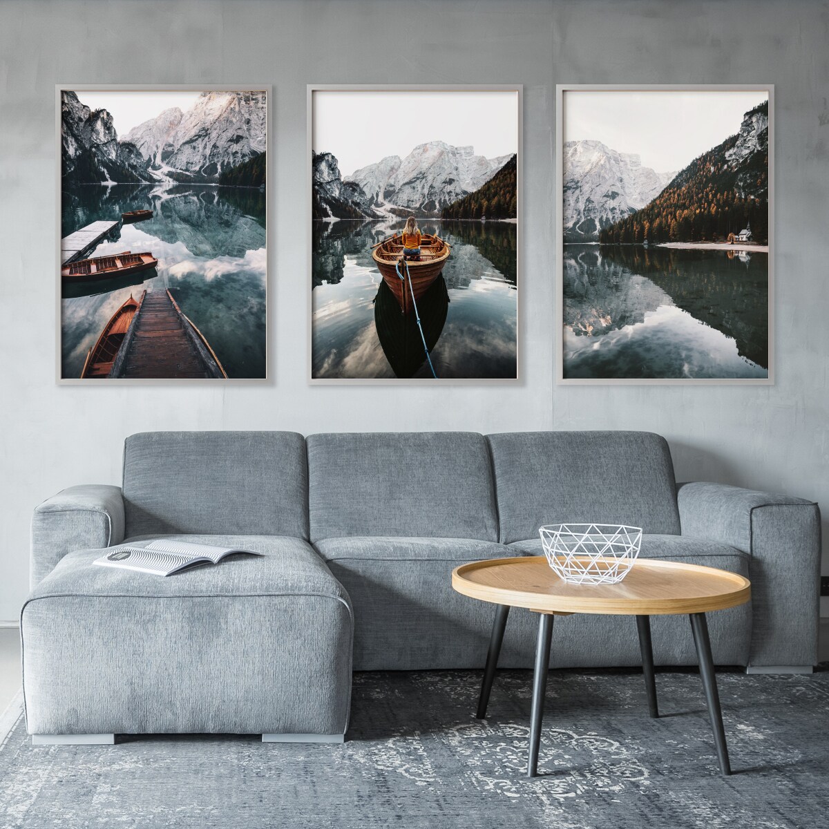 ZESTAW 3x Plakat W Ramie Łodzie GÓRY Las Krajobrazy Efekt 3D 60x80cm