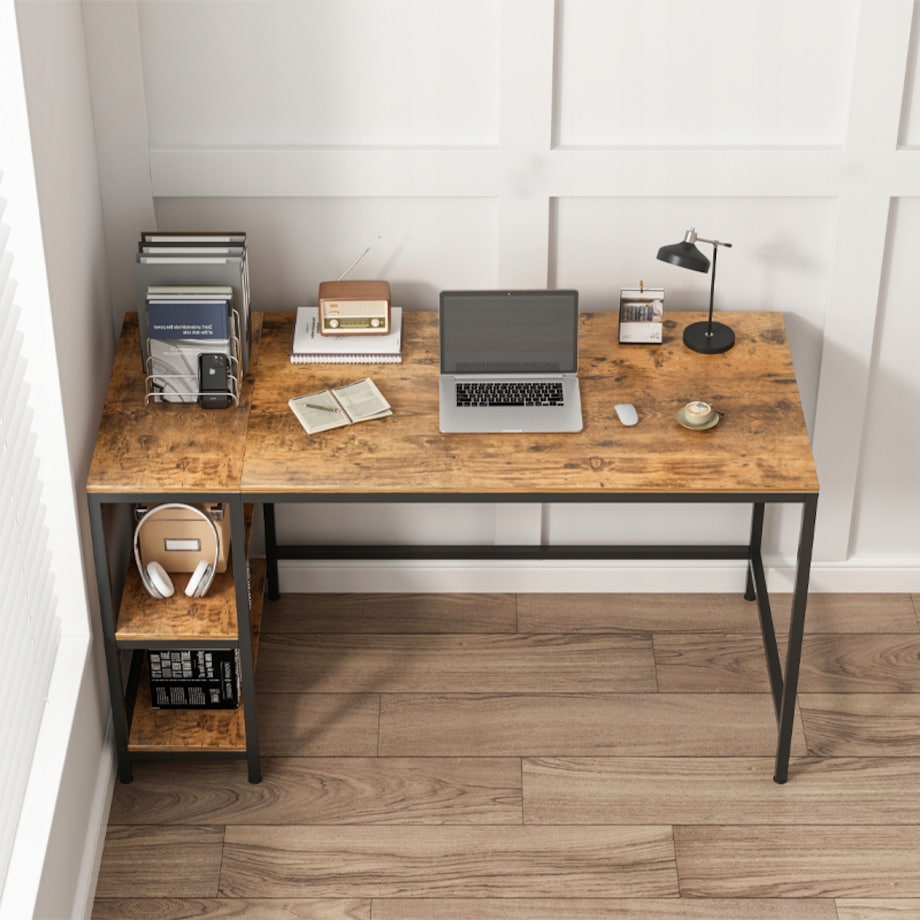 Biurko Komputerowe Stolik Vintage Rustykalny Brąz Loft Z 2 Półkami 140 Cm