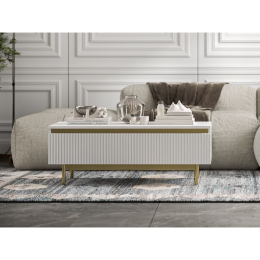 Stolik kawowy Glamour prostokątny elegancka ława Biały Mat Stelaż w złotym kolorze 109 cm