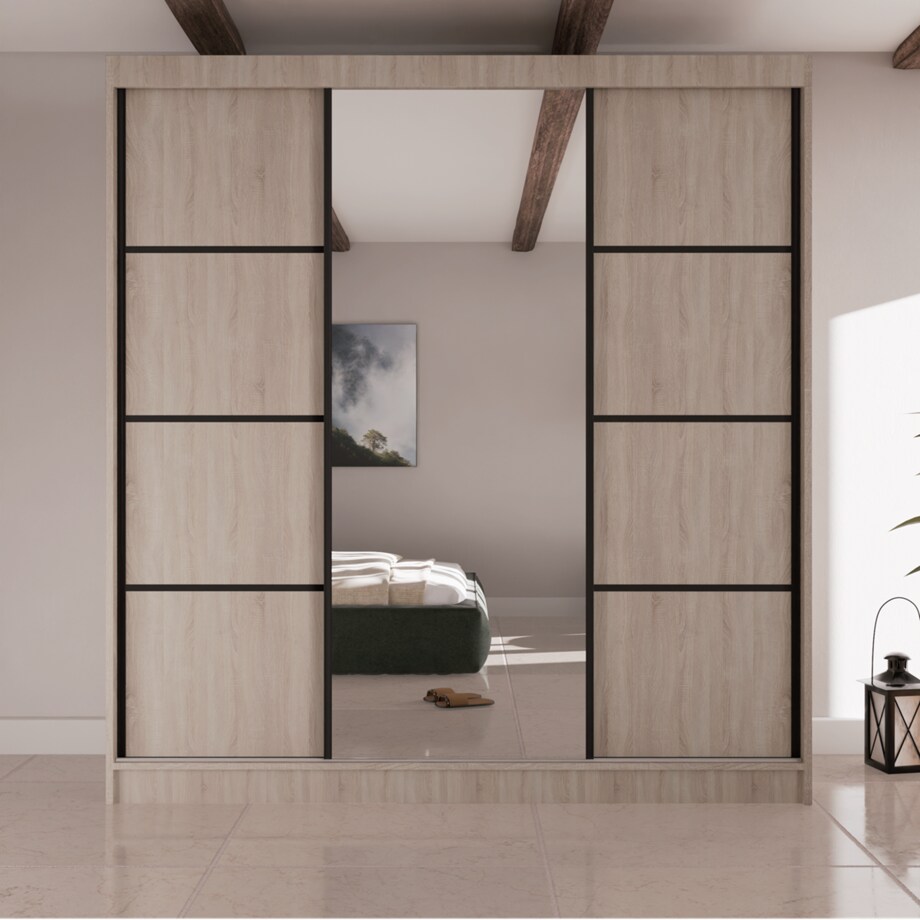 Szafa przesuwna Filo V200 z lustrem, czarne szprosy na frontach-dąb sonoma