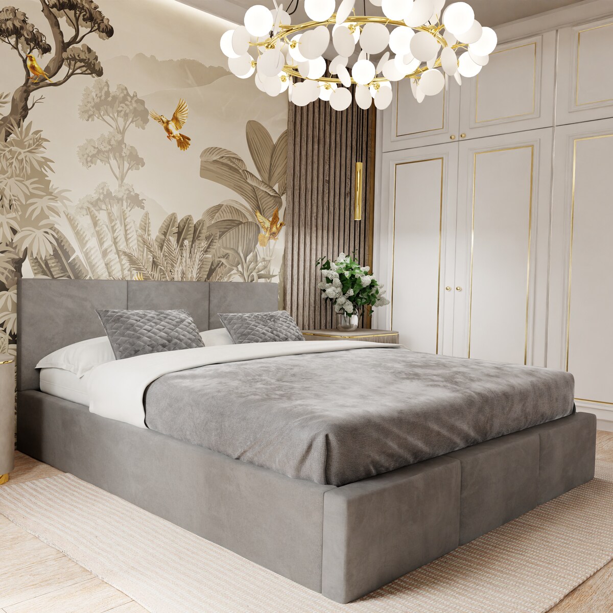 ŁÓŻKO TAPICEROWANE 160x200 ŁÓŻKO PODWÓJNE Z POJEMNIKIEM SZARE