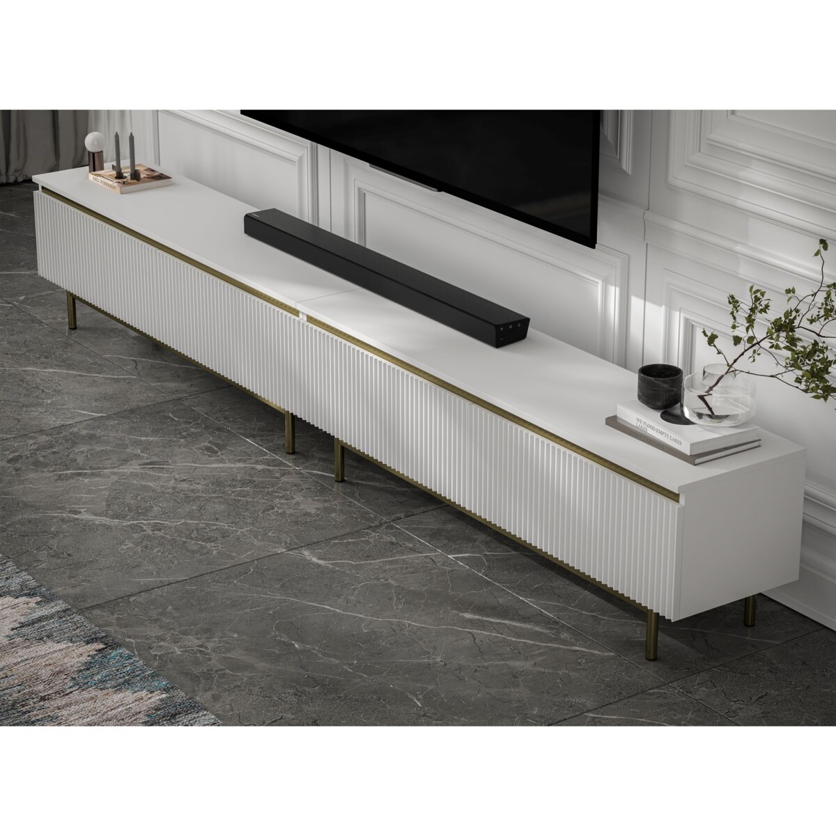 Nowoczesna Szafka RTV Glamour Komoda RTV Biały Mat 280 cm złote akcenty