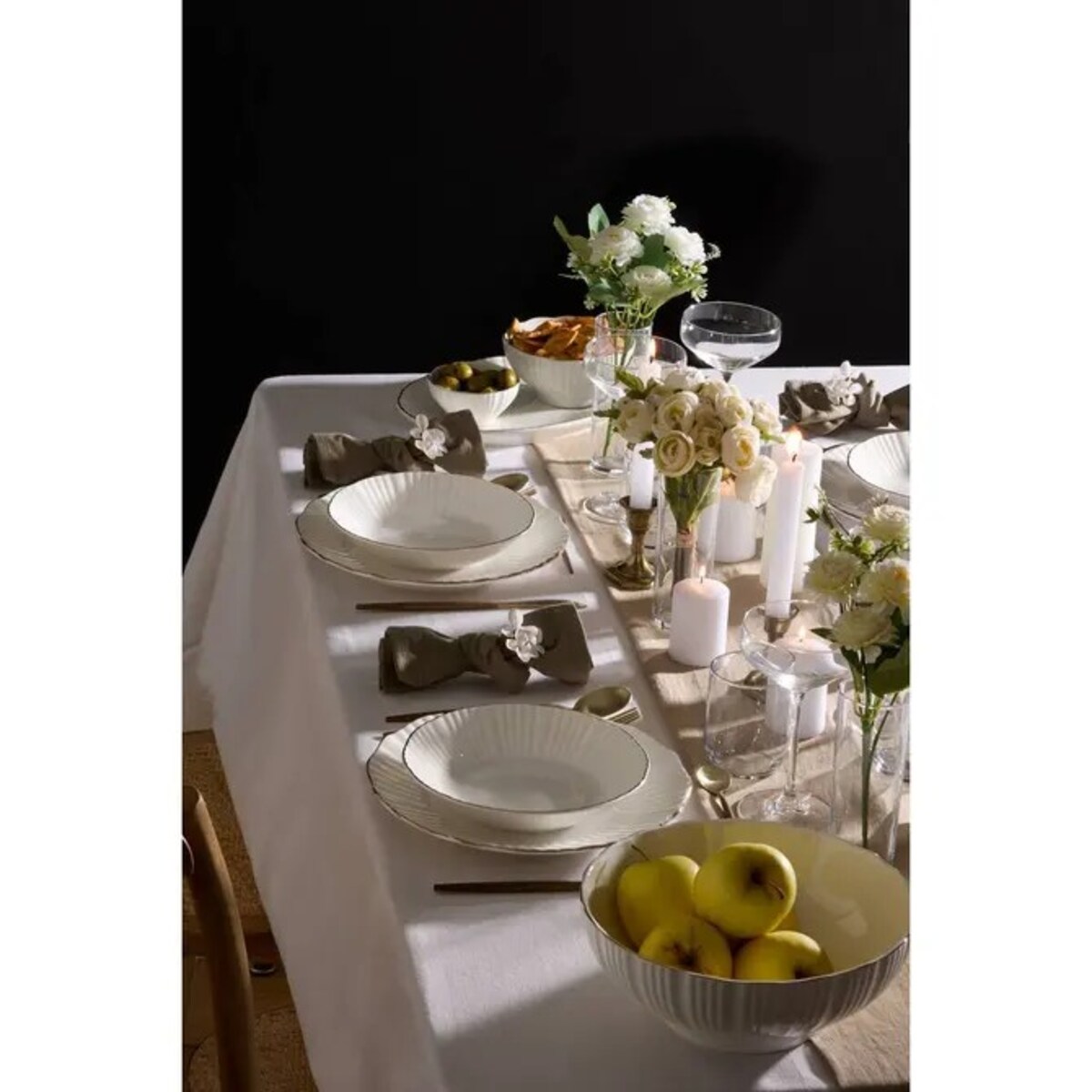 Komplet 6 porcelanowych talerzy obiadowych, białe ze złotem, Daphné, 27 cm