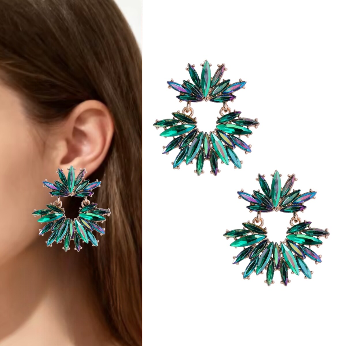 ZŁOTE zielone kolczyki wiszące aplikacje z cyrkoniami nowoczesne TRENDY