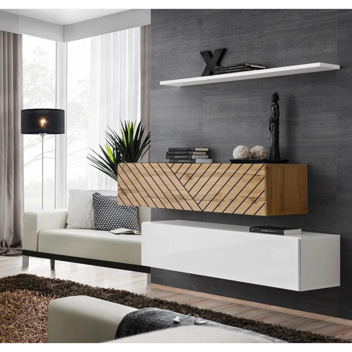 Meblościanka SWITCH LAMEL SB2 biała/dąb wotan