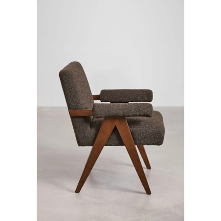 Fotel z podłokietnikami, drewno i tkanina bouclé, Lucca, czekoladowy