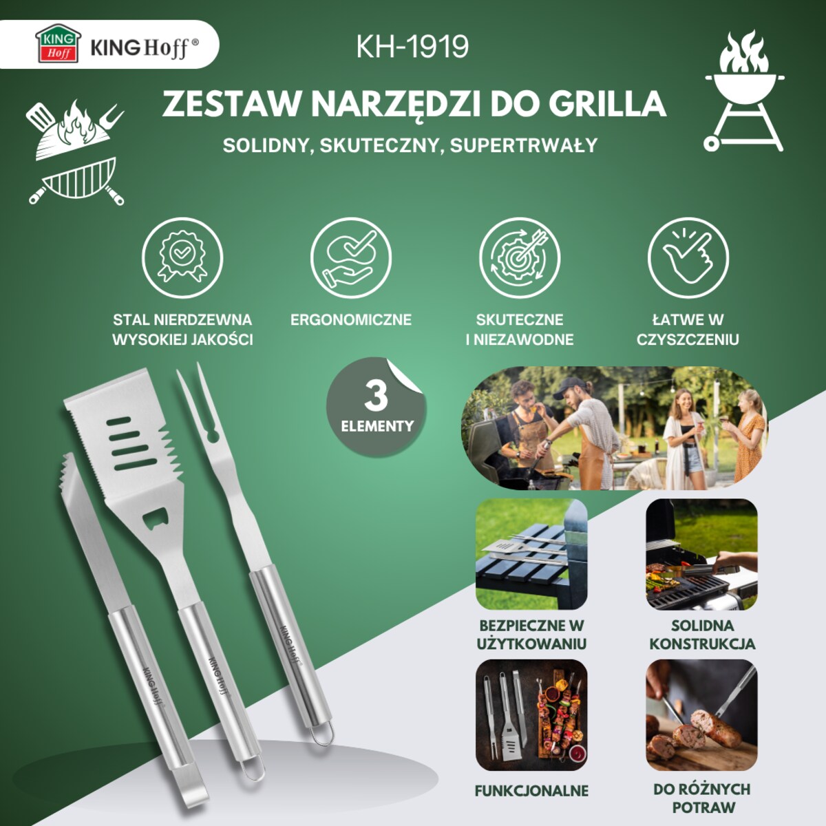 Zestaw przyborów do grilla, 3 elementy, Narzędzia do grillowania, KINGHOFF