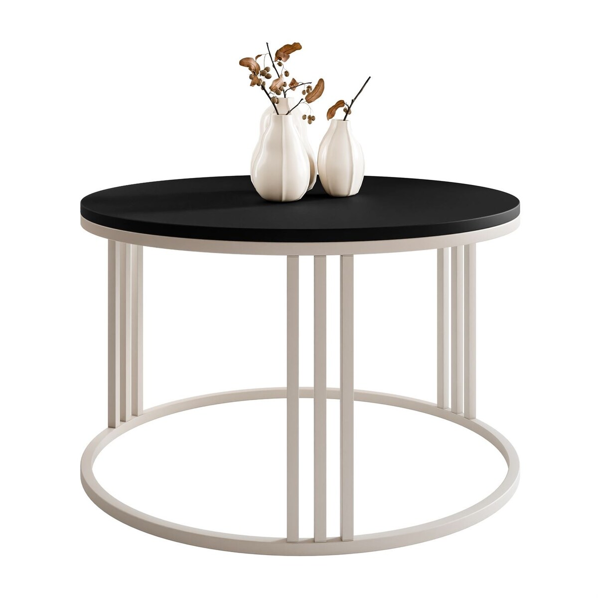 Okrągły stolik kawowy LORI MAT, kaszmirowy stelaż, blat czarny mat