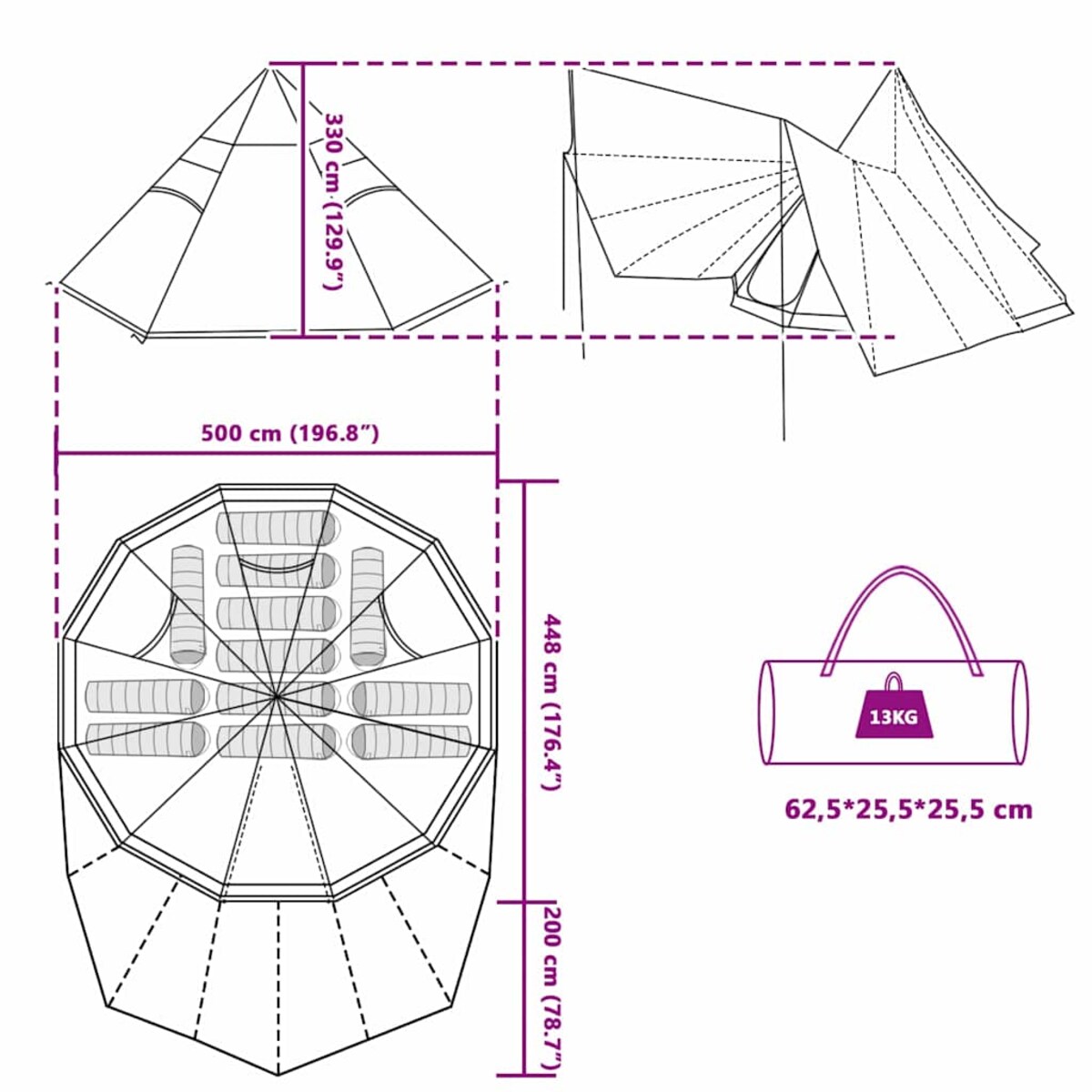 vidaXL Rodzinny namiot tipi Szary i pomarańczowy 510 x 690 x 330 cm