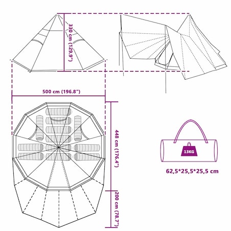 vidaXL Rodzinny namiot tipi Szary i pomarańczowy 510 x 690 x 330 cm
