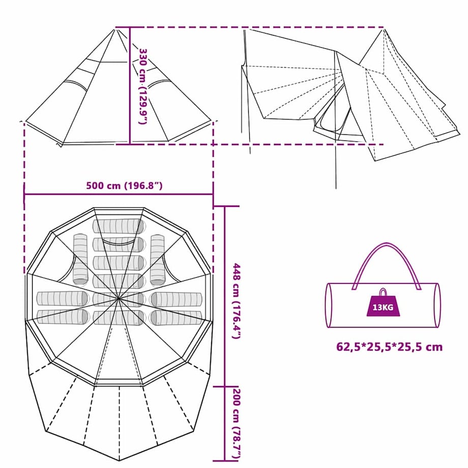vidaXL Rodzinny namiot tipi Szary i pomarańczowy 510 x 690 x 330 cm