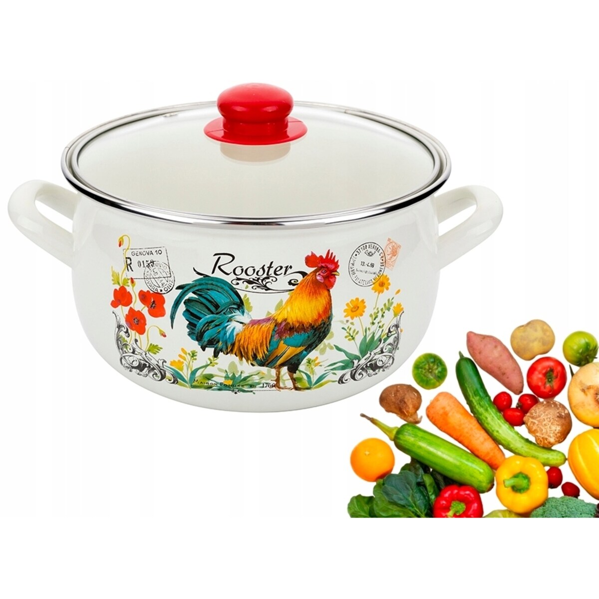 GARNEK EMALIOWANY KOGUCIK 22 cm 5 L kuchenny do gotowania obiad zupa dekor