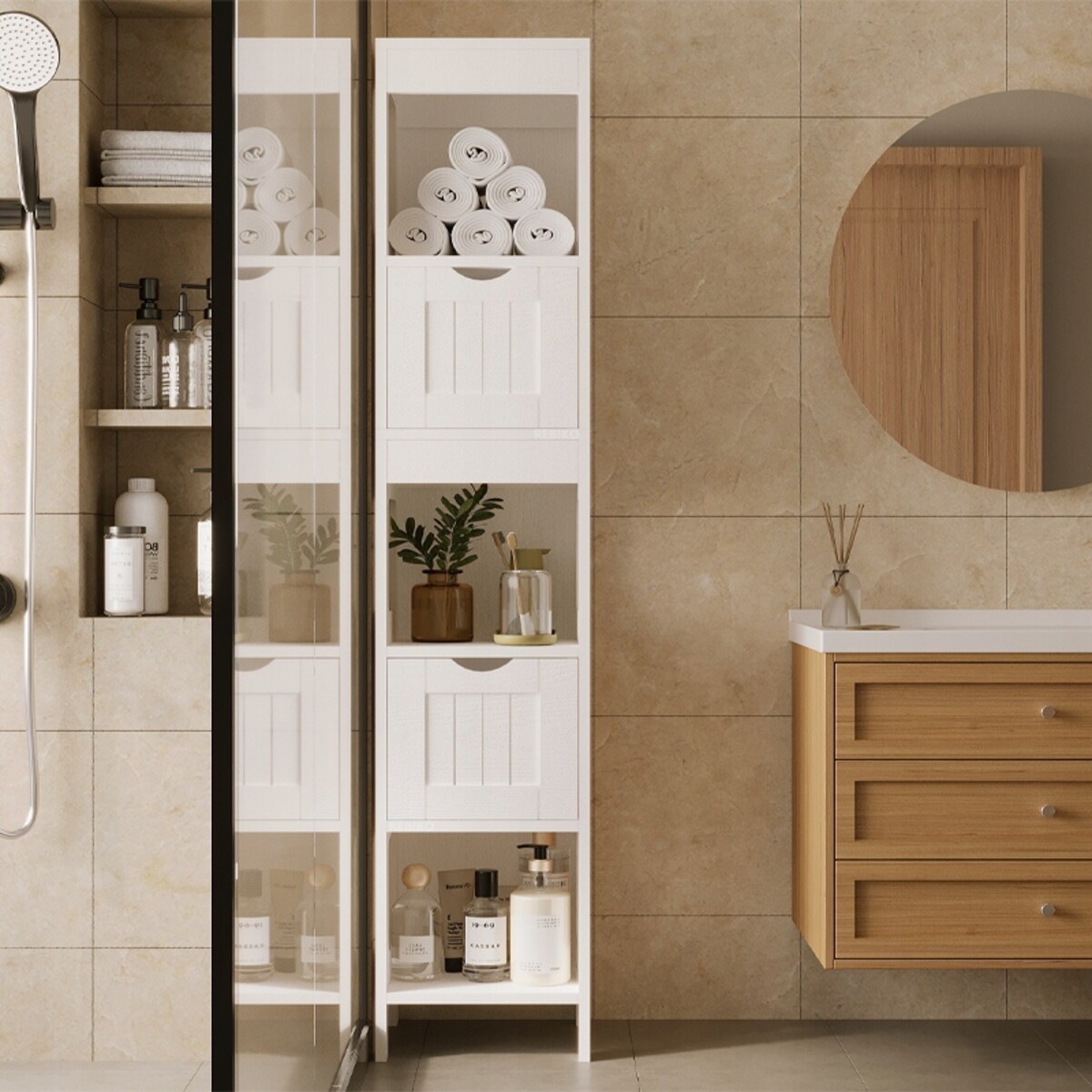 Szafka łazienkowa słupek szuflady biała wysoka półki nowoczesna loft 142 cm