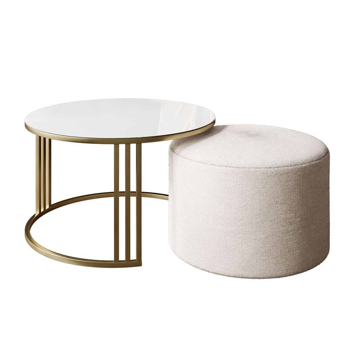 Stolik kawowy z pufą LORI GLASS złoto szczotkowane, białe szkło / Perfect Harmony 01