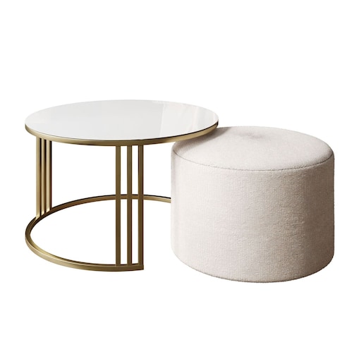 Stolik kawowy z pufą LORI GLASS złoto szczotkowane, białe szkło / Perfect Harmony 01