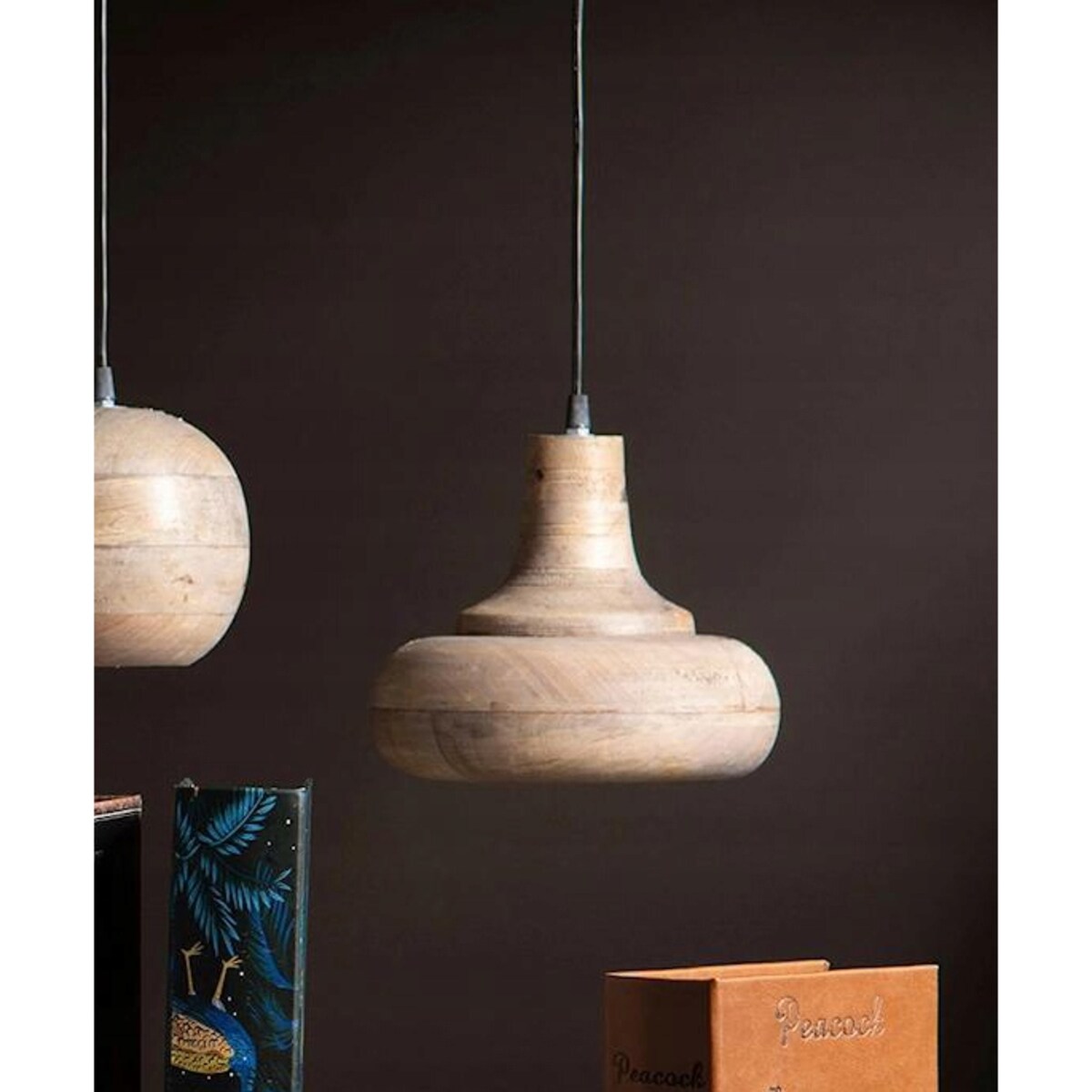 LAMPA SUFITOWA WISZĄCA NAD STÓŁ BOHO DREWNO MANGO NATURALNA DO SALONU 23cm