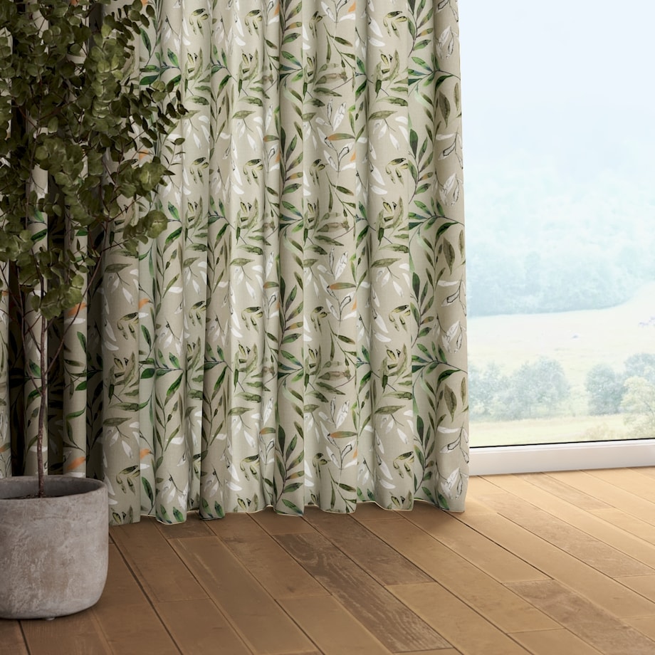 Zasłona na taśmie marszczącej 1 szt. 130x260 zielone gałązki na szarym tle