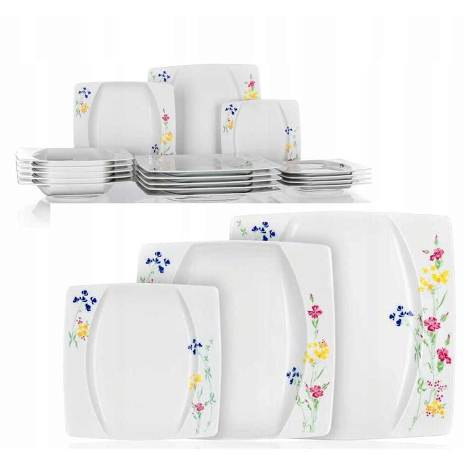 TALERZE KWADRATOWE czeska porcelana KWIATY KOMPLET OBIADOWE 6 osób jadalnia