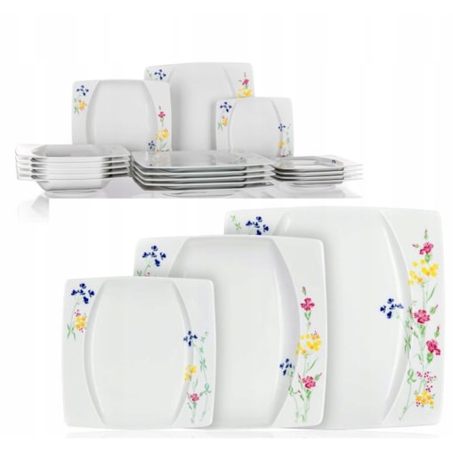 TALERZE KWADRATOWE czeska porcelana KWIATY KOMPLET OBIADOWE 6 osób jadalnia