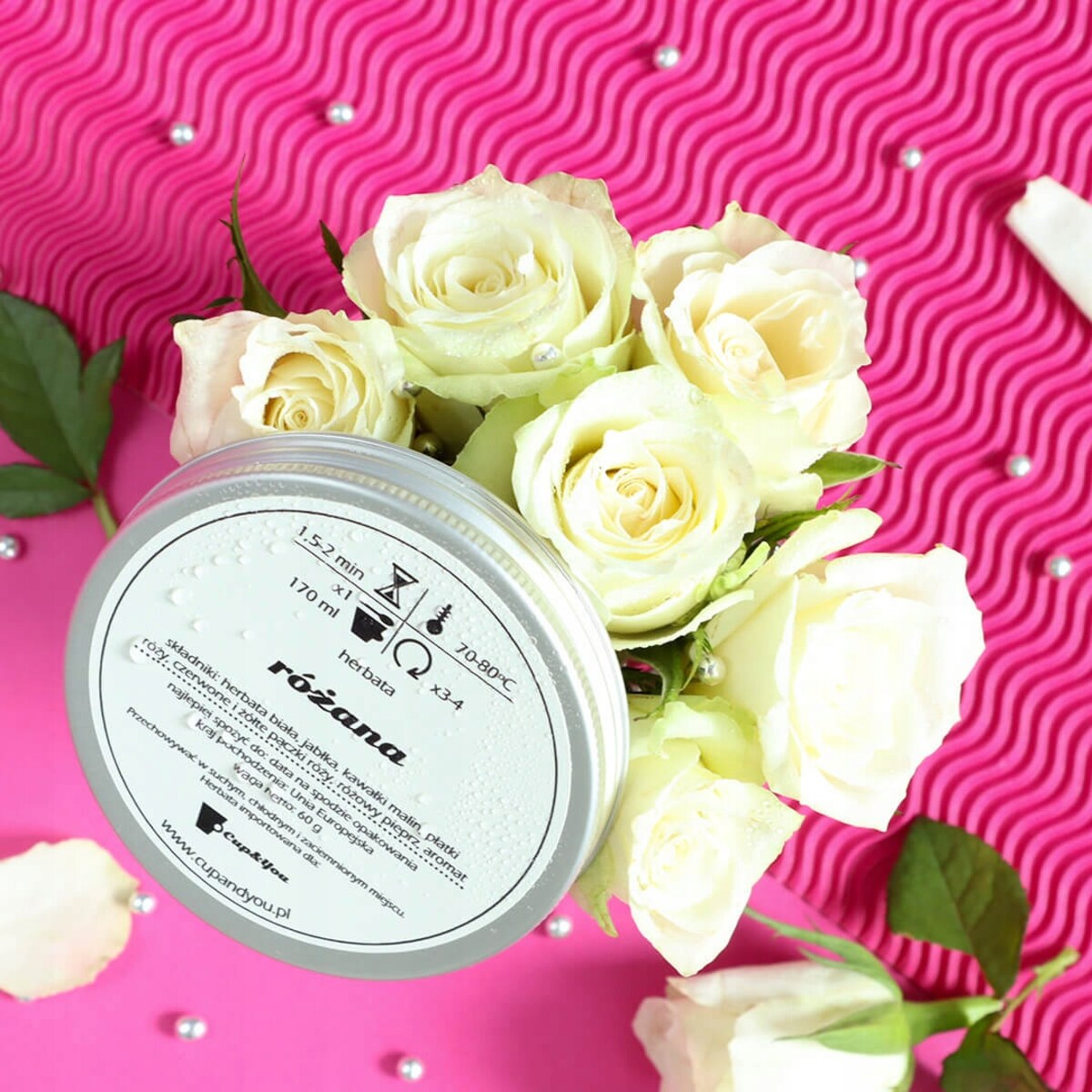 Herbata biała sypana RÓŻANA o smaku różanym z nutą malin PREMIUM Cup&You - herbata liściasta sypana mieszanka napar susz - gotowa na prezent upominek