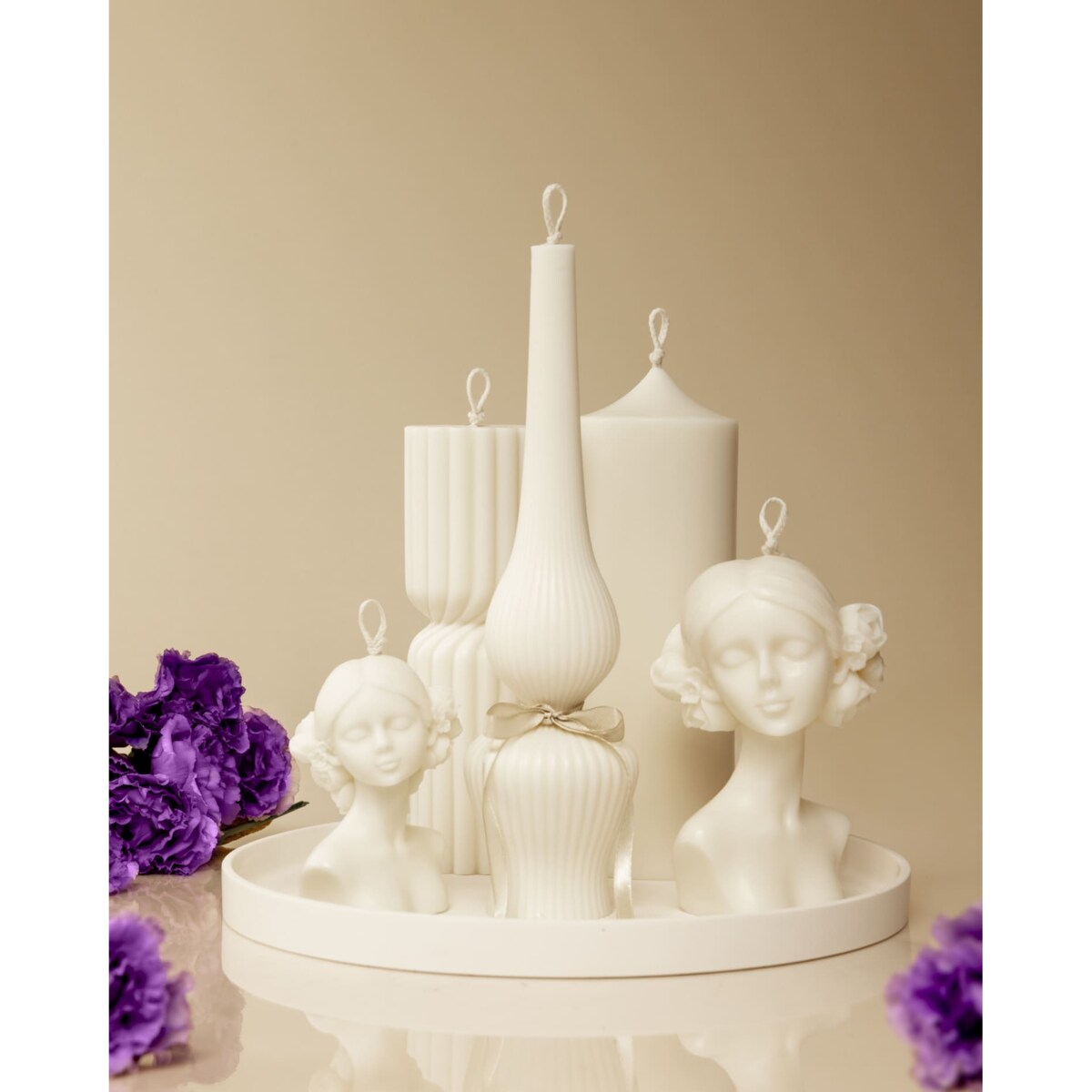 Zestaw świec sojowych Grace – eleganckie rzeźby i dekoracyjne formy na tacy + torba prezentowa GRATIS