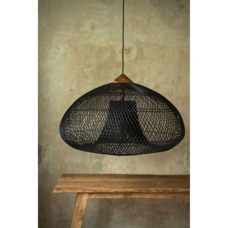 Rattanowa lampa z drewnem teakowym CRATER w rozmiarze L - czarna