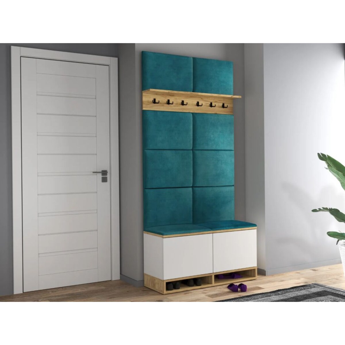 Szafka na buty z siedziskiem i wieszakiem DUBAI biała/dąb craft/zielona
