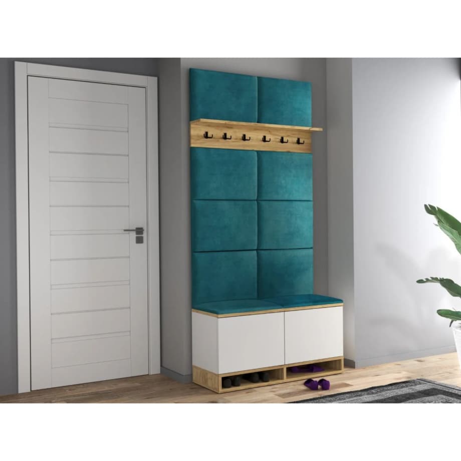 Szafka na buty z siedziskiem i wieszakiem DUBAI biała/dąb craft/zielona