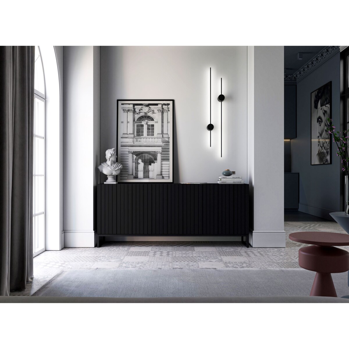 Komoda RTV Industrialna Czarny Mat Szafka RTV Glamour 168 cm Ryflowane fronty