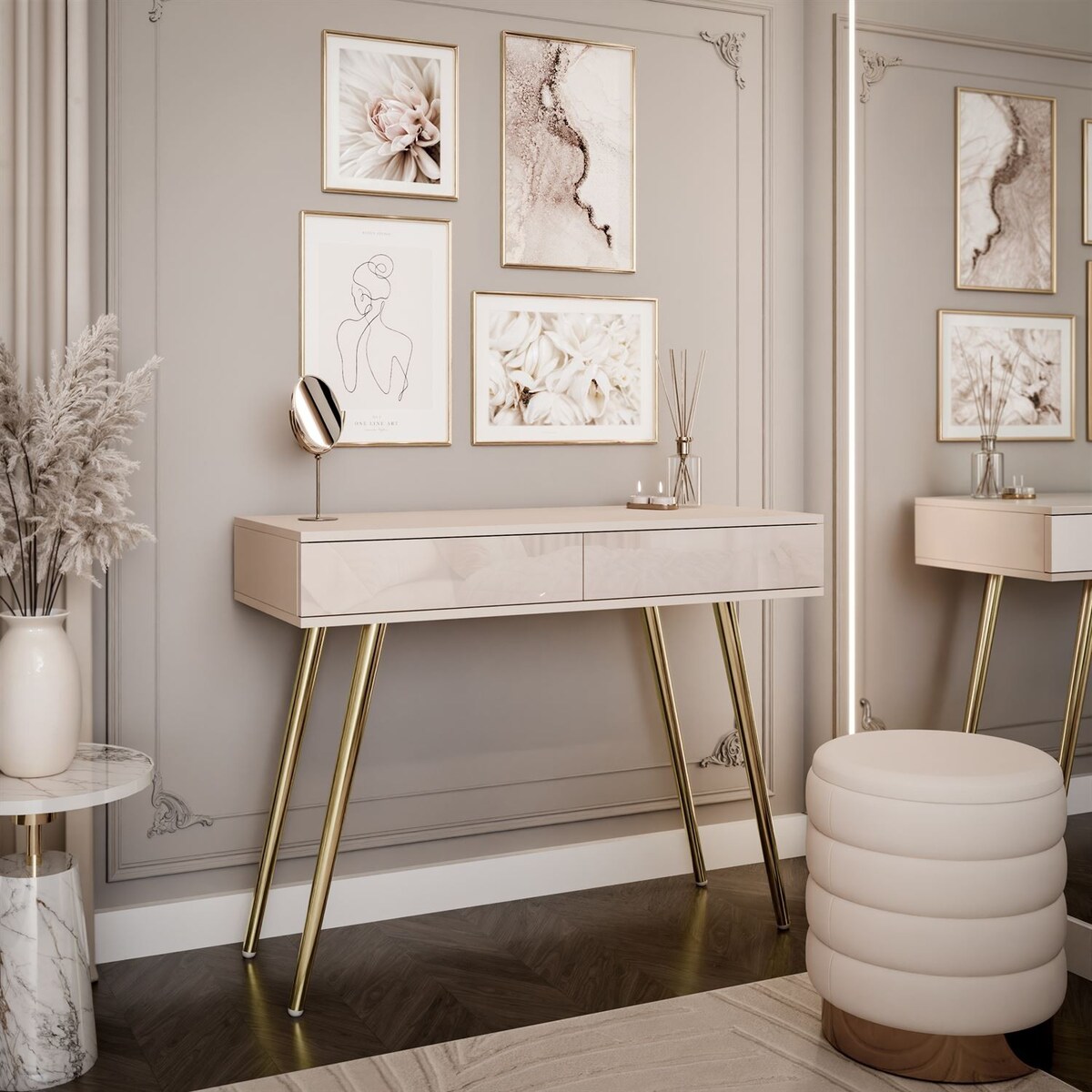 Konsola SIENNA KASZMIR na skośnych, złotych nóżkach, push-to-open