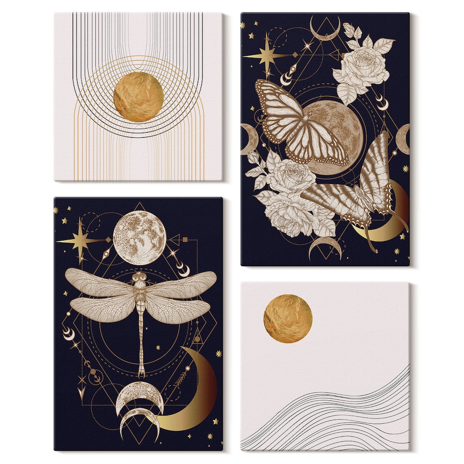 Zestaw 4 obrazów na płótnie - Motywy przyrody z księżycem - granatowy
