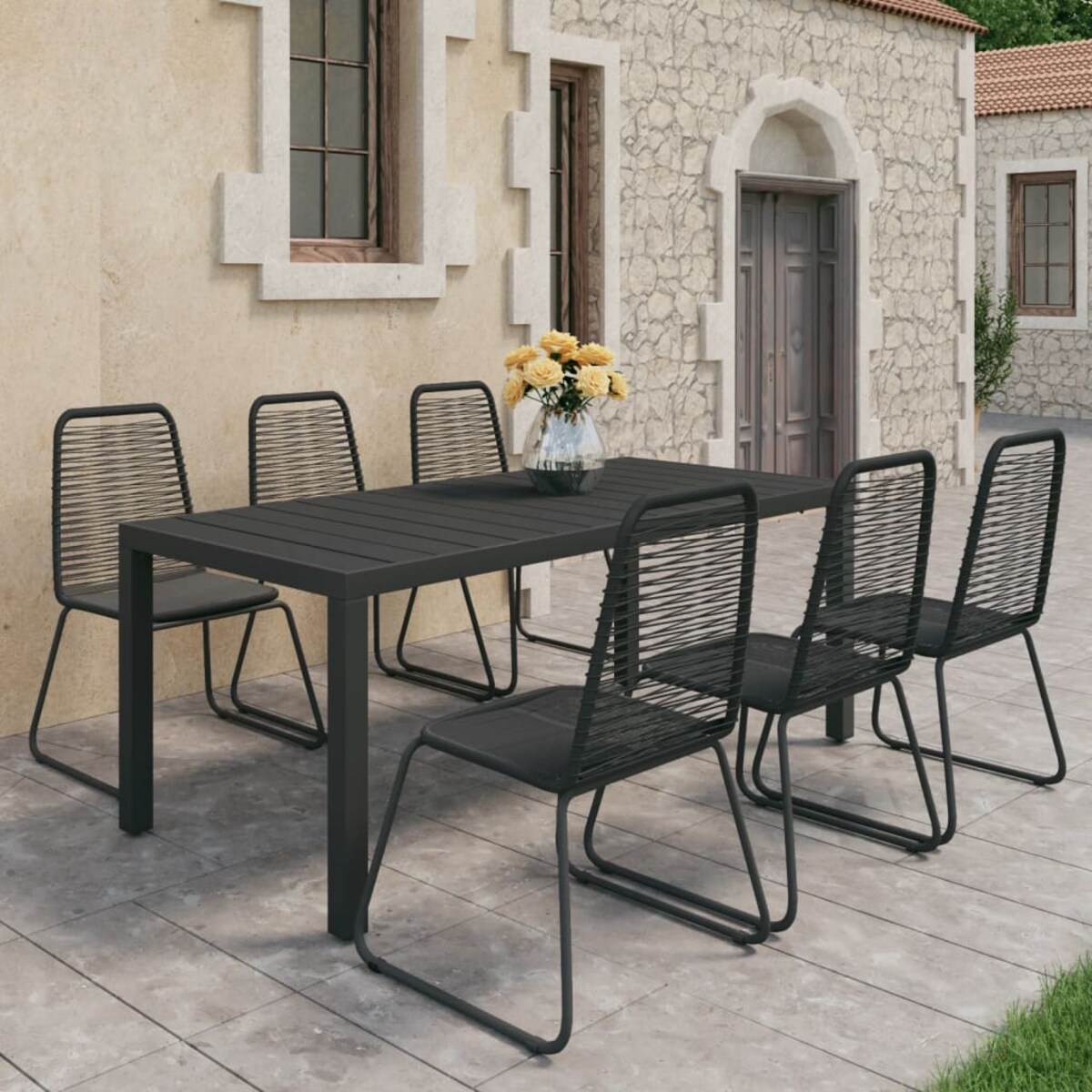 vidaXL 7-częściowy zestaw mebli ogrodowych, rattan PVC, czarny